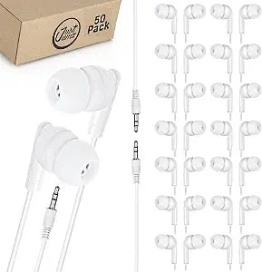 JustJamz Bulk Earbuds 50 Pack | Basic Earbuds, Pearl White In-Ear Earphones, Disposable Headphones, Wired