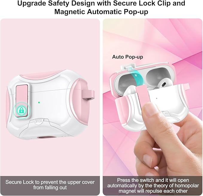 for Airpods Pro 3 Case,Safety Lock&Phone Stand for Airpods Pro 3rd Generation Case Cover,Magsafe Compatible,Auto Pop-up,Military-Grade Protection Design with Carabiner&Cleaning Pen-Pink+White