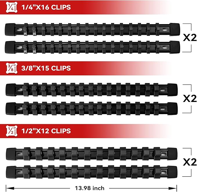 ALOANES 12PC ABS Socket Organizer, Socket Rails Fit 1/2 inch, 3/8 inch and 1/4 inch Drive, Heavy Duty Socket Holders Hold up to 172 Sockets, Black Rails with Black Clips