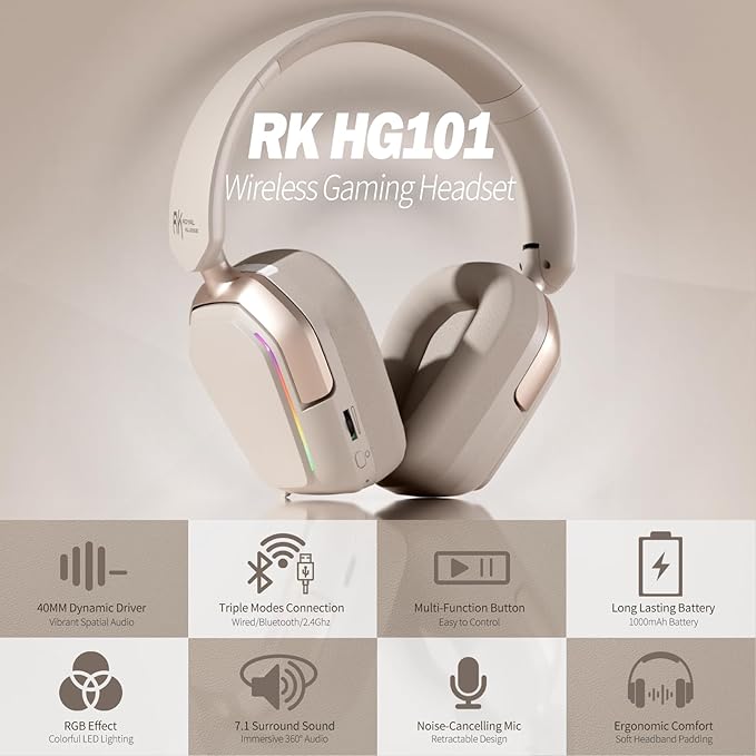 RK ROYAL KLUDGE G10 Gaming Headset with Microphone, Wireless/Bluetooth 5.3/Wired Gaming Headpones for PS5/4, Switch, PC, 40mm Dynamic Drivers, 7.1 Surround Sound, Platinum Grey