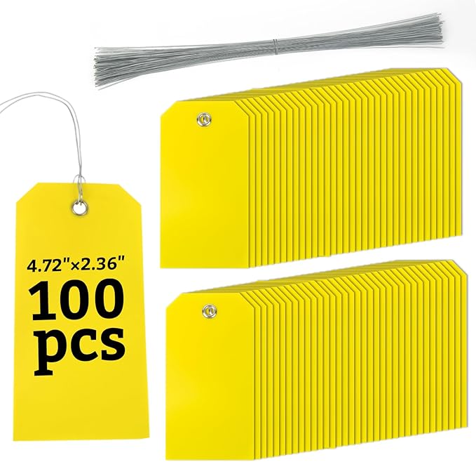 Yellow Shipping Tags with Wire - 100PCS 2.36" x 4.72" Plastic Hang Shipping Tags for Labeling,Waterproof Blank Tag, Wire Labels with String for Outdoors,Price,Inventory,Garage Sales,Luggage Clothing