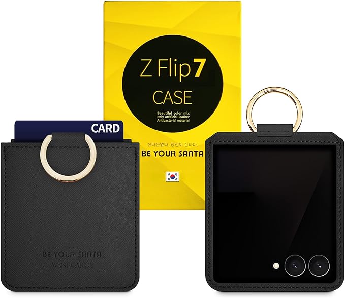 [BeYourSanta] Galaxy Z Flip 7 Case with Ring - Avant-Garde Handmade Saffiano Vegan Leather Case, Anti-Scratch Hinge Protection, Made in Korea (1 Pocket, Black)