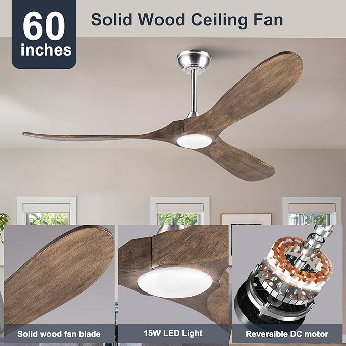 60 Inch Ceiling Fan with Lights and Remote, 3 Wood Fan Blades Ceiling Fan with Quiet Reversible DC Motor Indoor Outdoor for Patios Living Room Bedroom Study