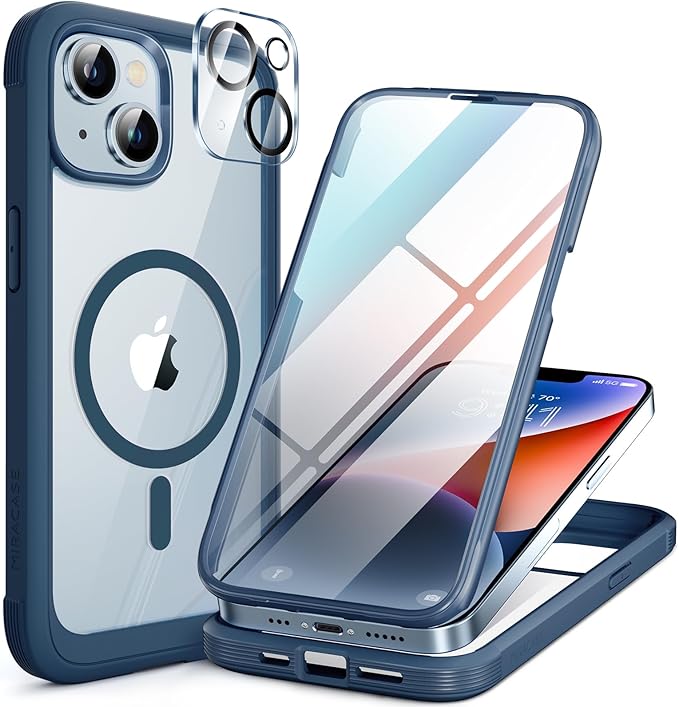 Miracase Magnetic for iPhone 14 Case 6.1'', [Bubble Free] Full-Body Bumper Phone case with Built-in Full Glass Screen &Lens Protector,No Gap,Compatible with MagSafe,Drop Proof 14 Cover,Storm Blue