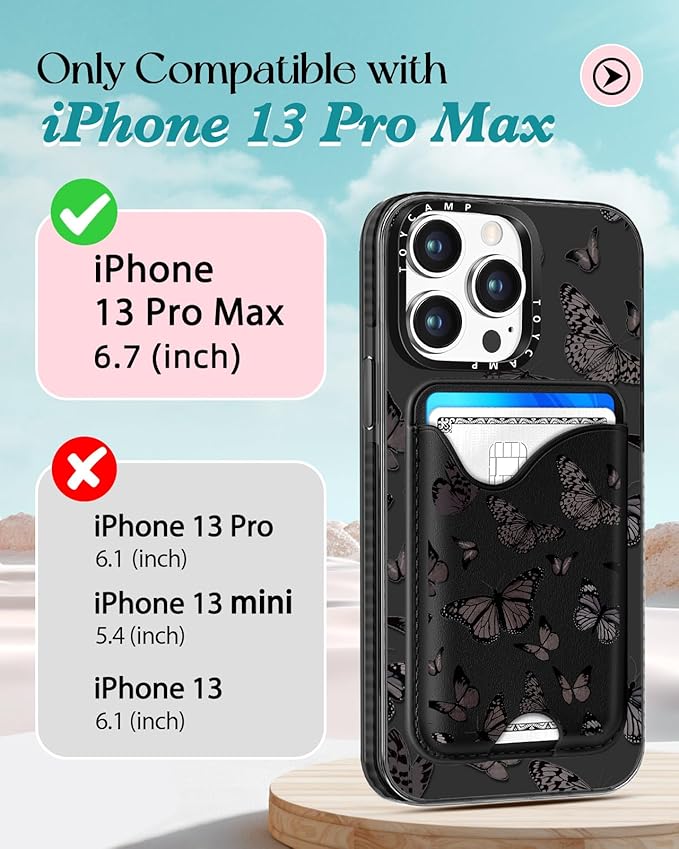 Toycamp for iPhone 13 Pro Max Case - Compatible with Magsafe Credit Card Holder Wallet Magnetic Cute Women Teen Girls Kawaii Girly Unique Black Butterfly Design Phone Cover for iPhone 13 Promax