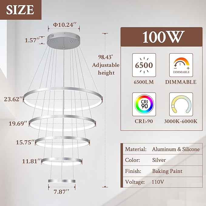 5 Ring Modern LED Chandelier Dimmable Silver High Ceiling Chandeliers for Foyer, LED Contemporary Large Pendant Lighting with Remote Control Circular for Living Room Staircase, 3000K-6500K