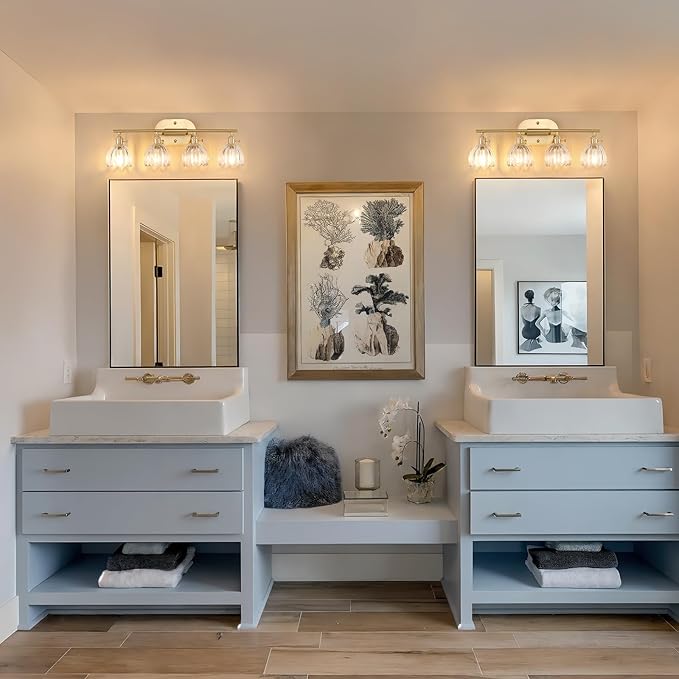 Bathroom Light Fixtures, 4-Light Brass Vanity Wall Light Over Mirror with Clear Tulip Glass Shade for Bedroom Living Room (Bulb Not Included)