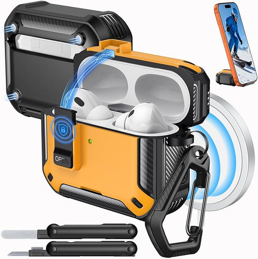MoKo for AirPods Pro 3 Case with Lock 2025 - Compatible with MagSafe, Phone Stand & Auto Pop-up for AirPods Pro 3rd Generation Case, Military-Grade Protective Cover with Cleaner Kit, Black + Yellow