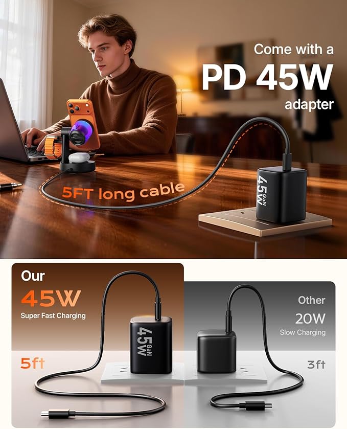 Qi2.2 25W Fast Wireless Charger Design for MagSafe Charger for iPhone 17/16/S26 Ultra, 3 in 1 Magnetic Charging Station with Bluetooth Speaker & Light, Watch Charger Stand for Apple Watch, for Buds