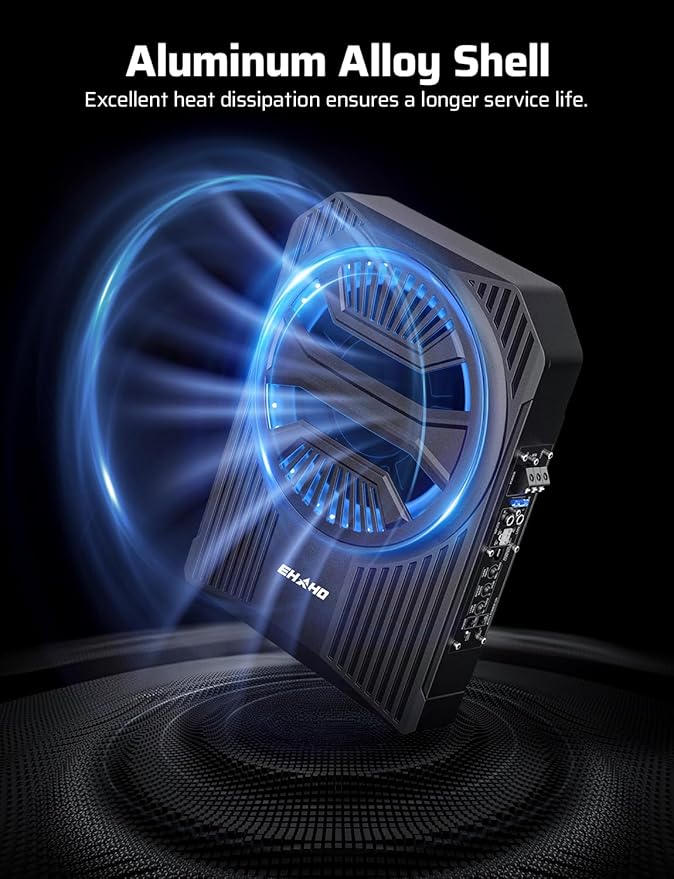 Ehaho Slim Under Seat Subwoofers with AMP, 10 inch Powered Subwoofer with Amplifier and RGB Lights, APP and Remote Control for Music Sync and Lighting Chasing Effects, Car Truck Audio Subwoofer