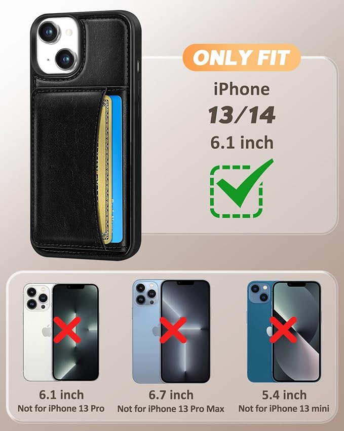 for iPhone 14/13 Case with Wallet - Fits 4 Card Slots, Compatible with MagSafe for Women Men Durable PU Leather Credit Card Holder Kickstand Phone Cover for Apple 14/13, Black