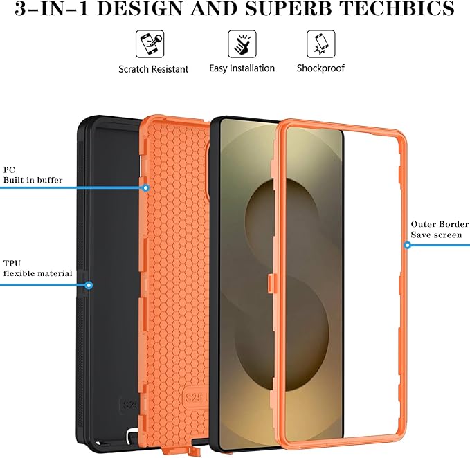 ONOLA Phone Case for Samsung Galaxy S25 Ultra Case with HD Screen Protector, Heavy Duty Shockproof & Dropproof 3-Layer Cover Phone Case for Galaxy S25 Ultra 6.9''，BlackOrange