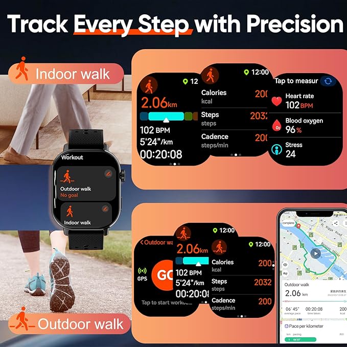 Smart Watch with 2 Bands: Step & Calorie Counter, Heart Rate & Oxygen Sensor, GPS Running, Swimming, Walking, Sports Tracker, Waterproof, Health Monitoring, Music & Call Alert Men Women iOS/Android