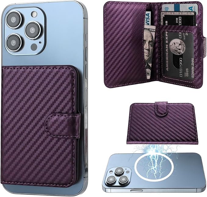 Bocasal for MagSafe Wallet Magnetic Card Holder, RFID Blocking Leather Card Slots for iPhone 17/16/15/14/13/12 Pro/Max/Plus/Air, Adjustable Kickstand Flip Mag Safe Wallet (Carbon Filber Purple)