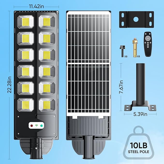 Solar Street Lights Outdoor Waterproof, IP66 15000LM 6500K Solar Flood Lights Dusk to Dawn Wide Angle Motion Sensor and Remote,Upgrade Fixing Rod (2 Pack)