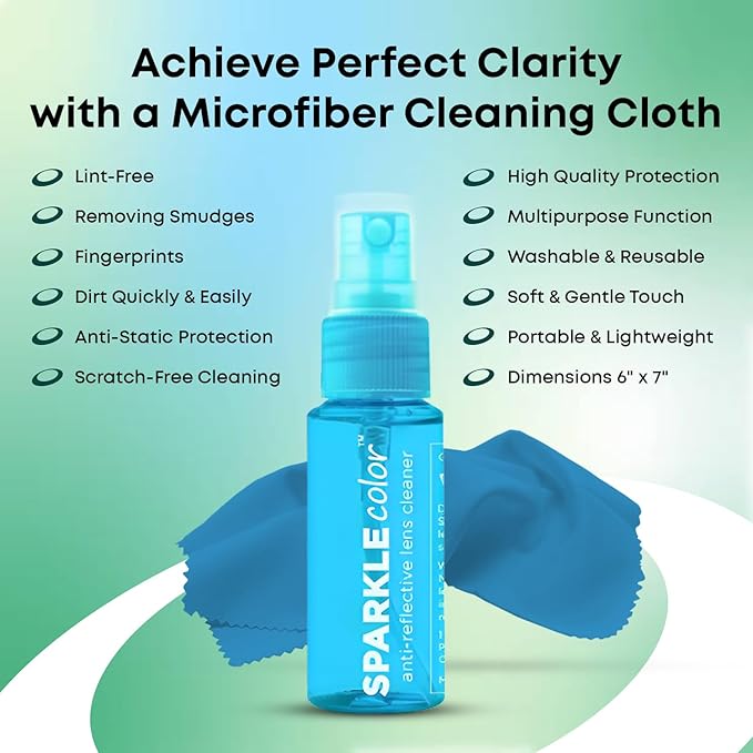 Sparkle Anti-Reflective Safe Lens Cleaner Spray Kit - (2) 1oz Glasses Cleaner Bottle & (2) Microfiber Cloth for Eyeglasses, Sunglasses, Lenses, Screens and Camera Cleaning Kit (4 Piece Set)