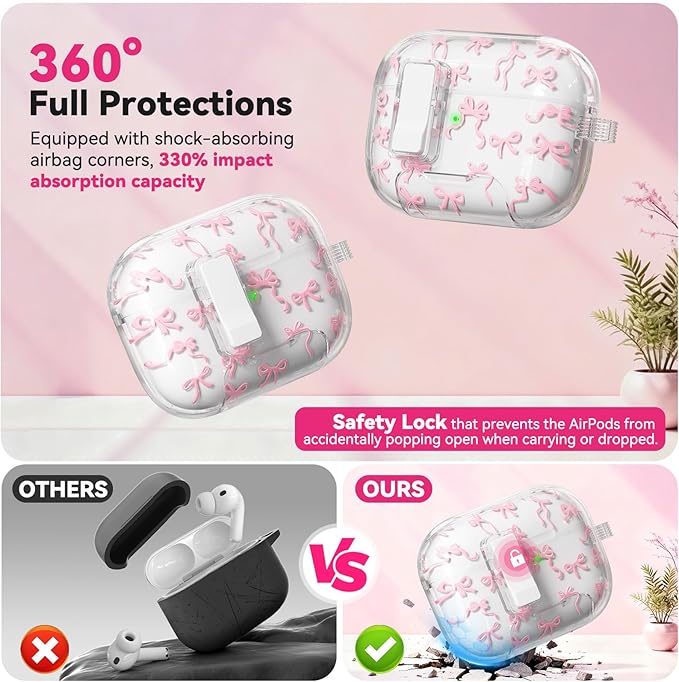 for AirPods Pro 3 Case Cute with Safety Lock & Phone Stand, Auto-Open Lid, Bow-Print Clear Case for Apple AirPods Pro 3rd Generation 2025 Cover with Cleaner Keychain for Women Girly, Pink