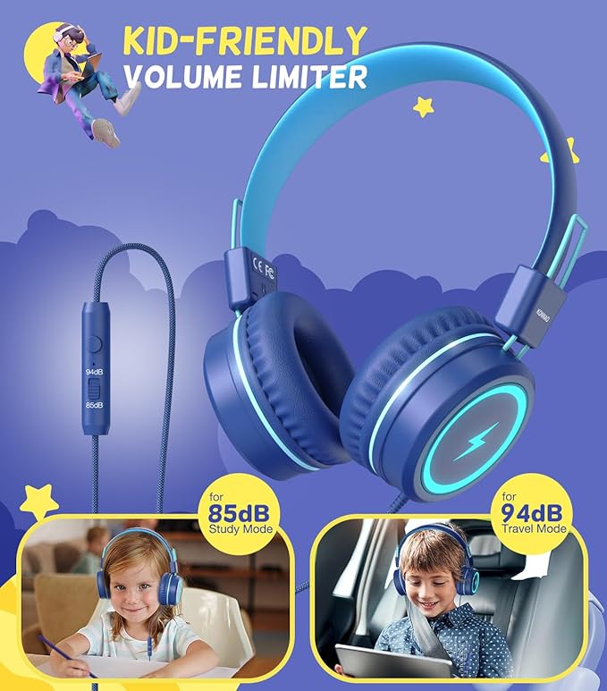 Kid Headphones for School, USB Type C Kids Headphone with LED Lights, Wired Boys Girls Headphones with Safe Limiter 85dB/94dB, Foldable On Ear Headphones with Microphones for Girls, Boys, iPad-Blue