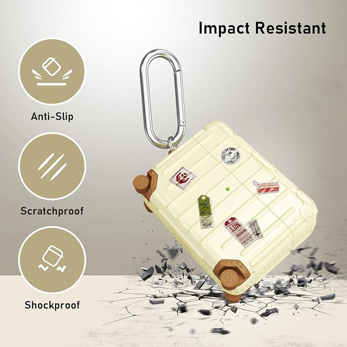 KOREDA Compatible with AirPods Pro 3 Case Cover, Cute Funny Suitcase Design Case for AirPods Pro 3rd Generation, Fashion Protective Hard Case for Women Men with Keychain and Cleaner Kit (Beige)