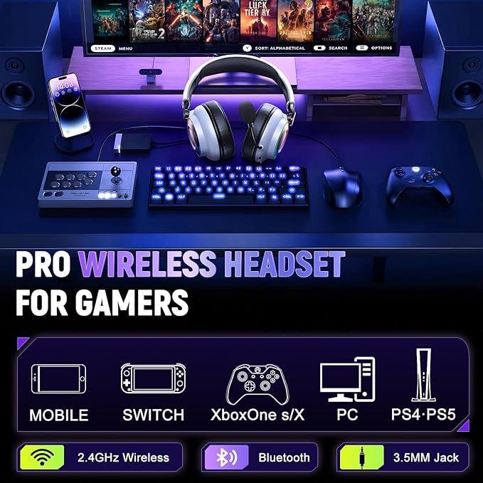 Wireless Gaming Headset for Ps5 Ps4 - 2.4GHz, Bluetooth, Wired, 7.1 Surround Sound, Noise Cancelling Mic, RGB Lights, 40H+ Battery, Lossless Audio, Comfy Over Ear Headphones for PC, Switch, Xbox, Mac