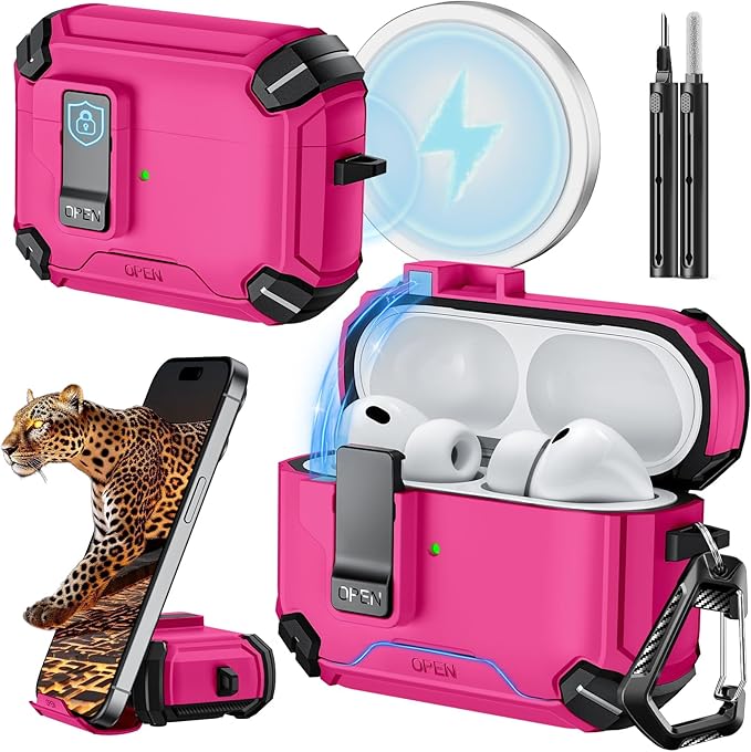 Inesore for AirPods Pro 3 Case (2025) with Phone Stand & Cleaning Kit,Compatible with Magsafe,Magnetic Automatic Lock Cover for AirPods Pro 3rd Generation, Rose red