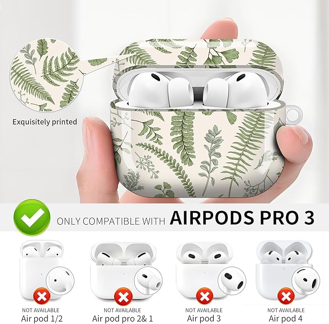 Compatible with AirPod Pro 3 (2025),Cute Case Cover for Women & Men, Full Protection Shockproof Hard Case with Keychain, Wireless Charging Case Accessories(Vintage Ferns)