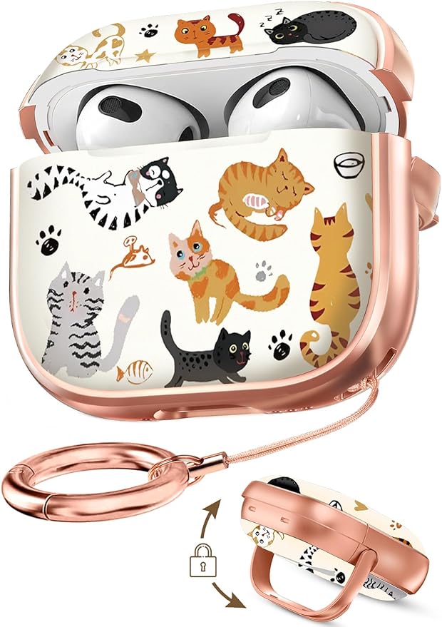 Coralogo for AirPods 3rd Case with Safety Lock - Cute Cartoon for AirPods 3rd Generation for Women Girls Fashion Stylish Cats Pattern Design Kawaii Girly Girlish Hard Protective Cover
