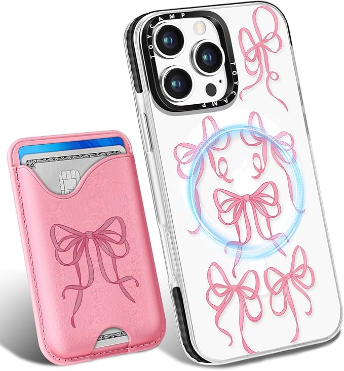 Toycamp for iPhone 16 Pro Case - Compatible with Magsafe Credit Card Holder Wallet Magnetic Cute Women Teen Girls Kawaii Girly Unique Bow Design Phone Cover for Apple 16 Pro 6.1"