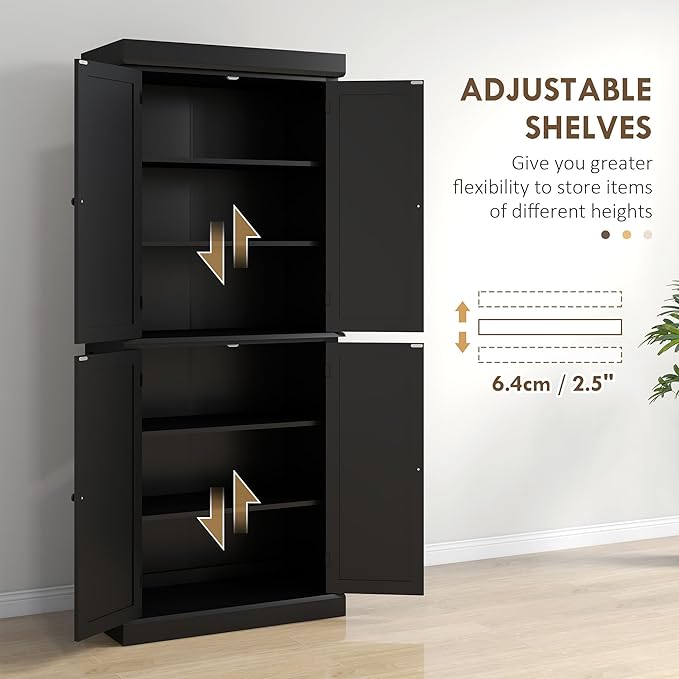 HOMCOM 72.5" Freestanding Kitchen Pantry Cabinet, Tall Storage Cabinet with 4 Doors and 2 Adjustable Shelves for Dining Room, Black