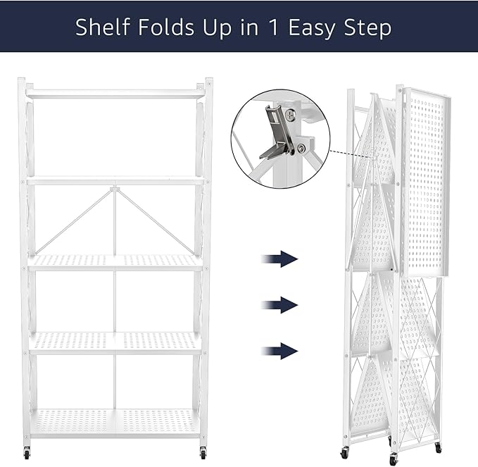 5-Tier Foldable Storage Shelf with Wheels | Metal Rack Collapsible Shelving Display | Rolling Cart for Books Kitchen Storage Shelves | Pantry & Closet Organizer | Office Room Decor