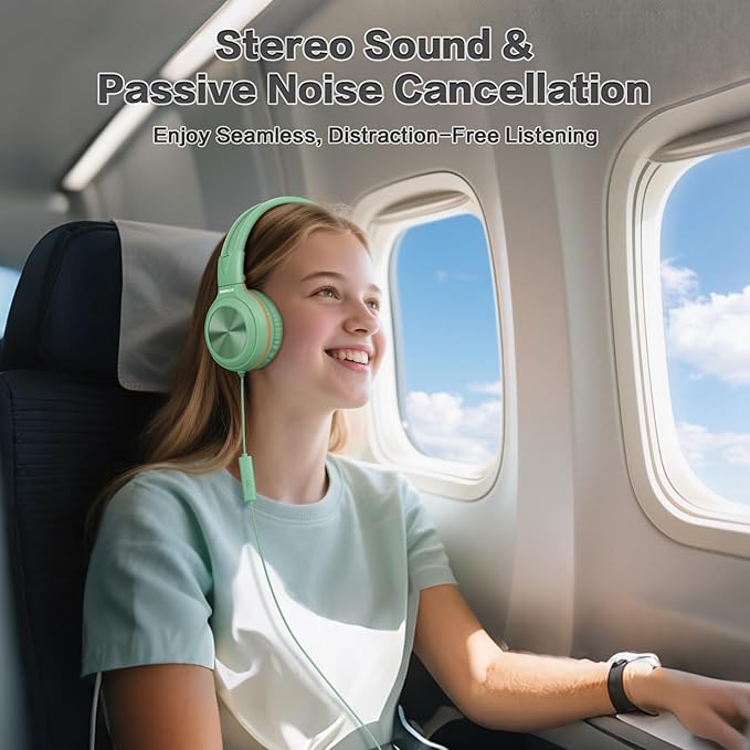 SIMOLIO Kids Wired Headphones with Microphone and 3-Level Volume Control, Stereo Corded Headphone Girls, Boys, On-Ear 3.5mm PC Headset Teens for Cellphones Tablets Chromebook Laptop Computer (Green)