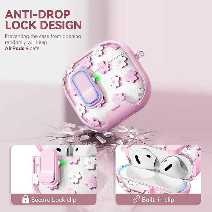 with Safety Lock for Apple AirPods 4 Case,Clear Floral Cute AirPod 4th Generation Case with Phone Stand & Cleaning Kit for Women Girly-Flower