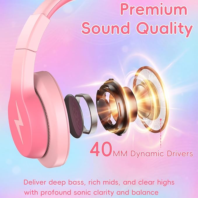 Wired Kids Headphones, USB Type C Headphones for Kids, 85dB Safe Volume, HD Stereo Sound, Comfortable Fit, Adjustable & Foldable,Ideal for School/Travel (Gradient Pink, Without Microphone