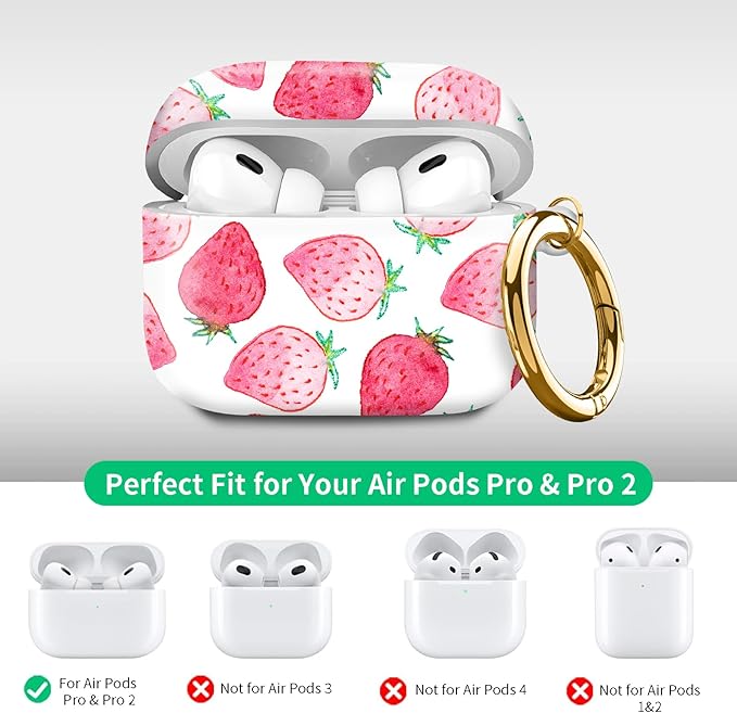 Compatible with Airpod pro 2nd/1st Generation Case Cover with Gold Round Keychain Cute Pattern Hard & Anti Slip Cover for Men Women & Girls（Pink Strawberry）