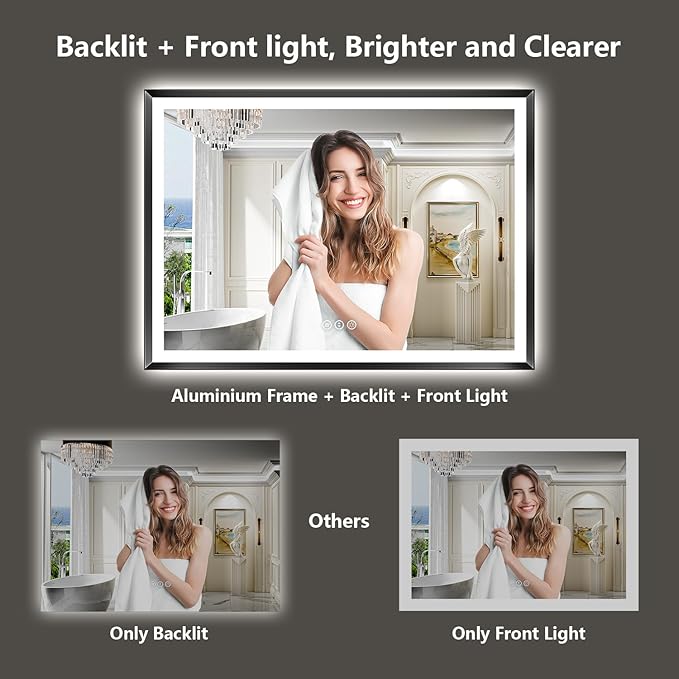 44x32 Black Framed LED Bathroom Mirror with Lights, Backlit and Front Light, Lighted Bathroom Vanity Mirror for Wall Dimmable Anti-Fog Memory Tempered Glass Horizontal/Vertical