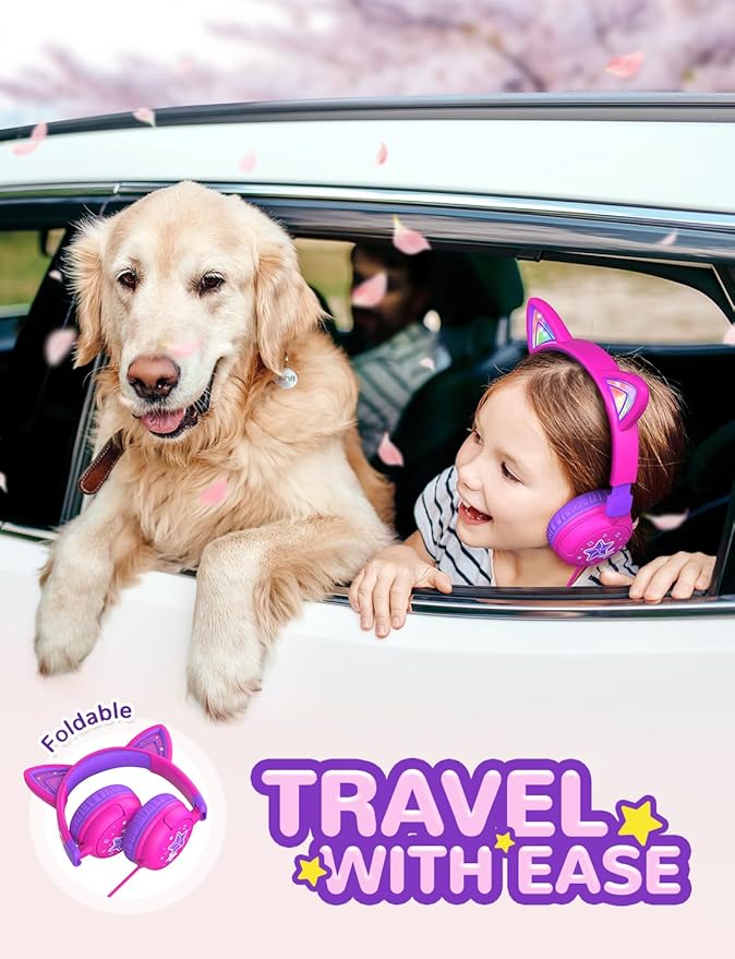 iClever Kids Headphones Cat Ear, LED Light Up, 85dBA Safe Volume, Stereo Sound Toddler Headphones for Travel School, Foldable 3.5mm Wired Kids Headphone for iPad Tablets, Meow Lollipop-Hot Pink