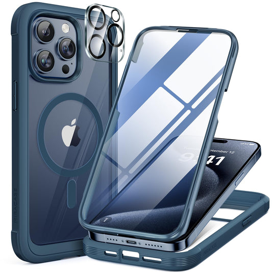 Miracase Magnetic for iPhone 15 Pro Case [Compatible with MagSafe] Full-Body Phone case with Built-in Glass Screen Protector& Camera Protector, Military Drop Proof 15 Pro Cover, Magnetic Clear Glitter