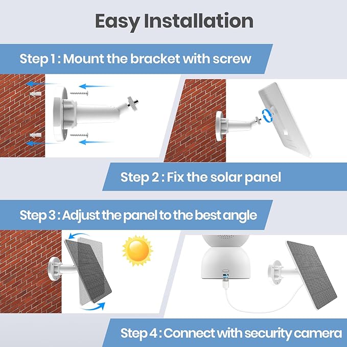 FlexSolar 6W Solar Panel for Security Cameras, IP67 Waterproof with 3 Output Ports (Type-C/Micro-USB/Lighting), 10ft Cable & 360° Adjustable Mount