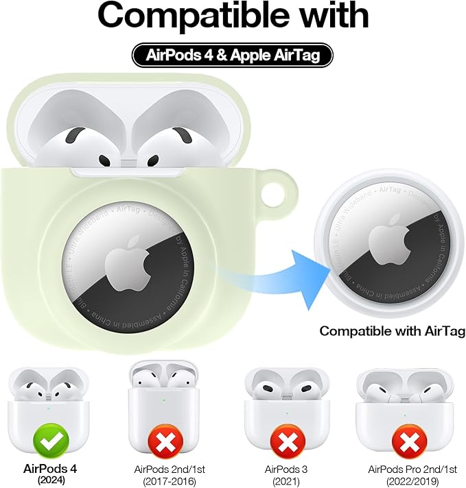 2 in 1 Silicone Case Compatible with AirPod 4 and AirTag 2/1, Shockproof Protective Skin Cover for AirPods 4th Generation with Cleaner Kit & Carabiner (Glow Green)
