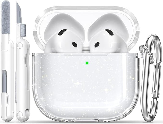 RFUNGUANGO AirPods 4 Case Clear, Soft TPU Transparent with Cleaning Kit & Keychain, Compatible with Magsafe, Compatible Apple AirPods 4 (2025) Generation Protective Case, Glitter White