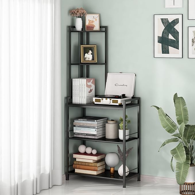 GILLAS 5 Tier Corner Shelf Stand, Freestanding Corner Shelf Unit Bookshelf, Corner Table with Shelf, Tall Storage Organizer Rack for Living Room, Bedroom, Office (Black)