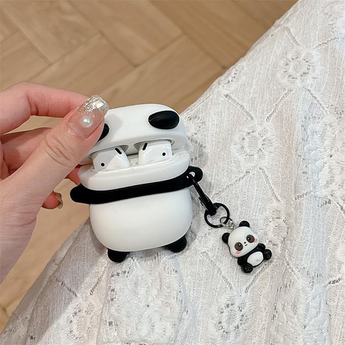 Wireless Charging Earphone Case Compatible with Airpods 4, Cute Animal Lying Panda Design Soft Silicone Full Body Protective Skin Cover, Kids Girls Women Cartoon Earbuds Accessories with Pendant