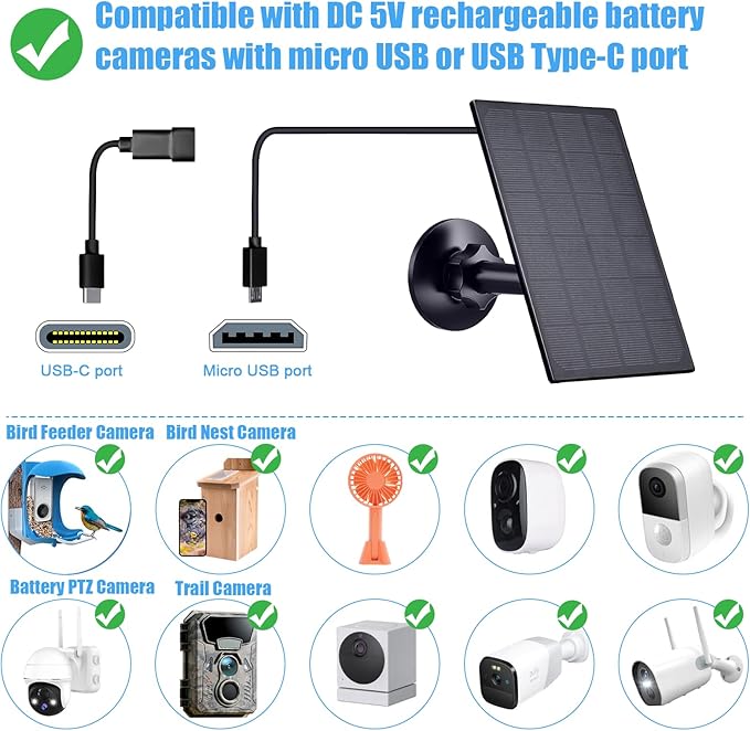 Zivif Solar Panel for Security Camera, 2W Solar Charger with Micro USB & USB-C Port for Rechargeable Battery Camera, with 360° Adjustable Security Mount, Black (2 Pack)