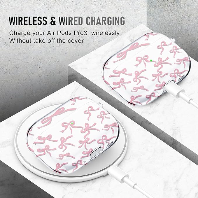 for AirPods Pro 3 Case (2025) with Cleaner Kit, Cute Soft Silicone Cover Compatible AirPods Pro 3rd Genera case with Keychain for Women Men with Keychain for Airpod Pro case(2025) Pink Bow