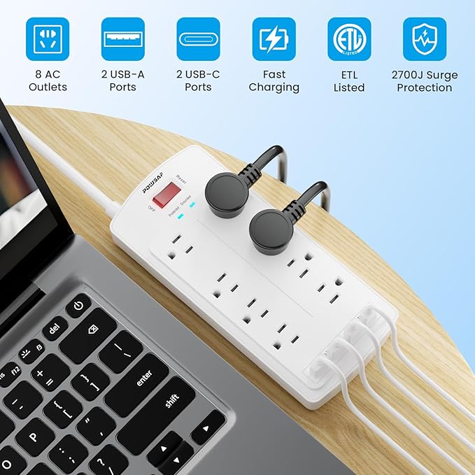 8-Outlet Surge Protector Power Strip, POWSAF 10Ft Flat Plug Extension Cord with 2 USB-C (PD 20W) Fast Charging Ports and 2 USB-A Ports for Home, Office, 2700 Joules, ETL, White