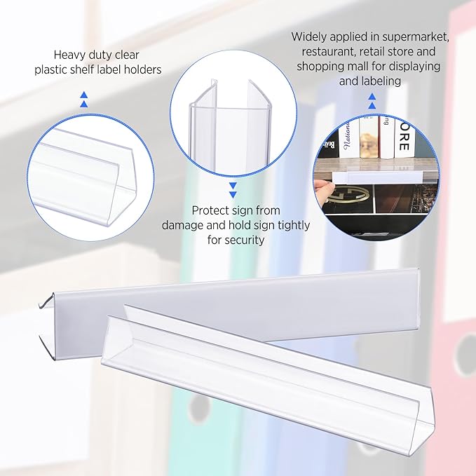 Teling 15 Pieces Shelf Label Holder, Clear Plastic 0.875'' x 6'' Shelves Clip Wood Tags Ticket Sign Label Metal Holders for 0.75'' Thick Shelves Includes Matched Blank Inserts Offices Libraries