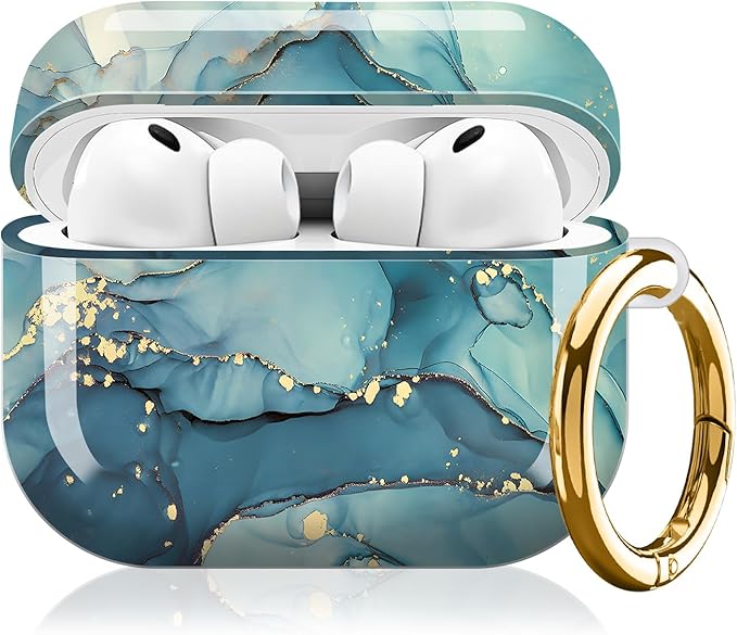 Compatible with AirPod Pro 3 (2025),Cute Case Cover for Women & Men, Full Protection Shockproof Hard Case with Keychain, Wireless Charging Case Accessories(Blue Green Marble)