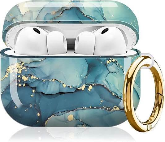 Compatible with AirPod Pro 3 (2025),Cute Case Cover for Women & Men, Full Protection Shockproof Hard Case with Keychain, Wireless Charging Case Accessories(Blue Green Marble)