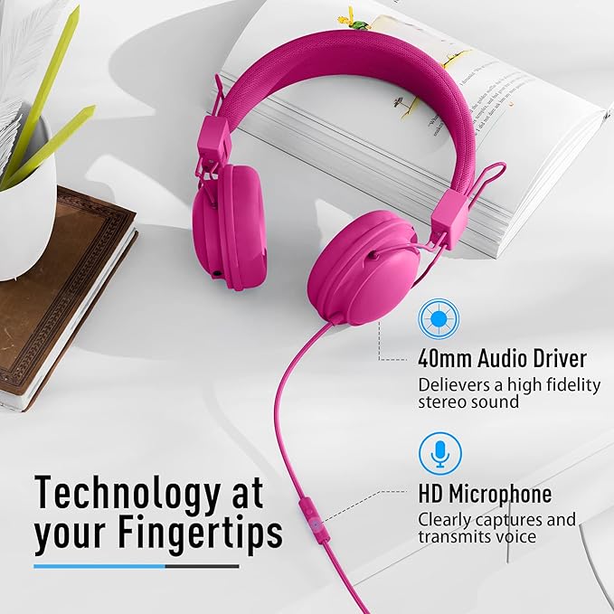 AILIHEN HD850 Classroom Headphones for Kids K-12 Students, School Wired Headphones with Microphone & 85dB Volume Limited & Sharing Function for Chromebook (Rose)