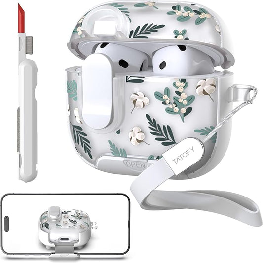 TATOFY for AirPods 4th Generation Case with Phone Stand Lanyard Lock Cleaning Kit, Compatible with Magsafe, Flowers Hard AirPod 4 Cover for Women (Green, AirPods 4th)